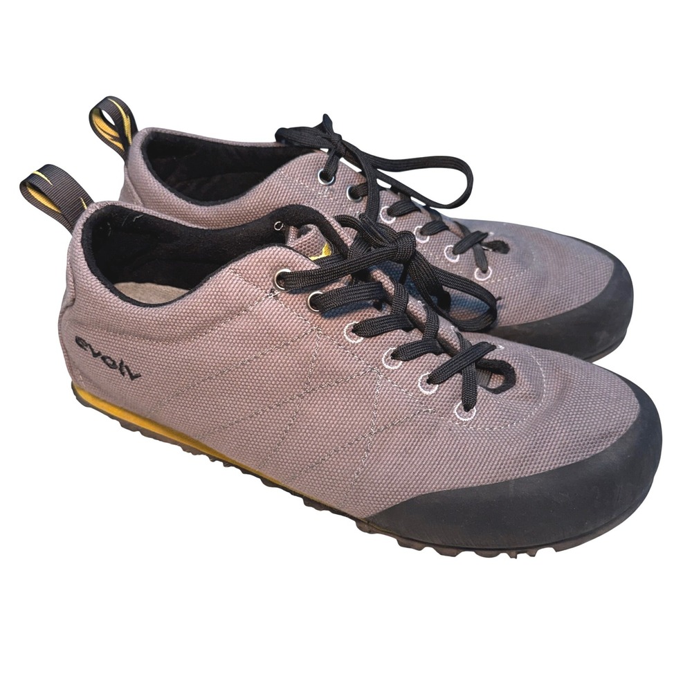 Evolv Cruzer Mens 6.5 Grey Canvas Approach Climbing Shoes Trax Rubber Low Top